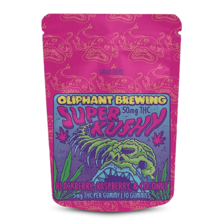 Oliphant Brewing Super Kushy THC gummies bag, bright pink with skull design, fruit flavors