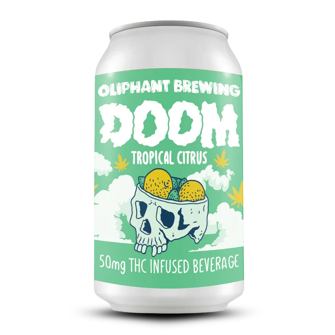 Oliphant Brewing DOOM Tropical Citrus THC infused beverage can with skull and fruit design