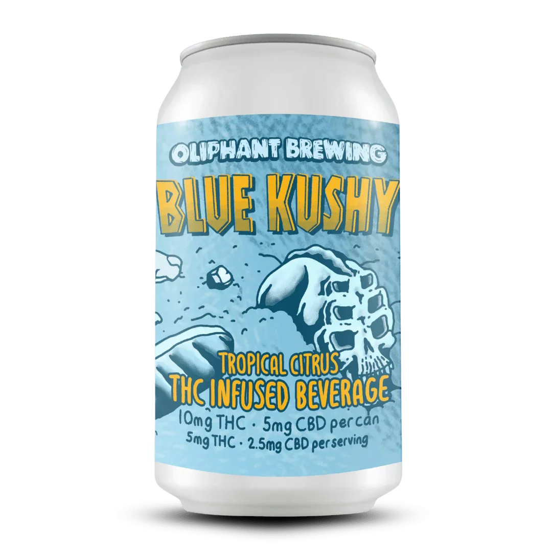 Oliphant Brewing Blue Kushy tropical citrus THC infused beverage can with blue skull design