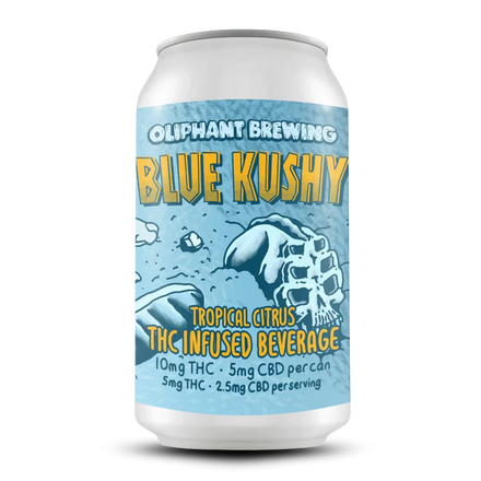 Oliphant Brewing Blue Kushy tropical citrus THC infused beverage can with blue skull design