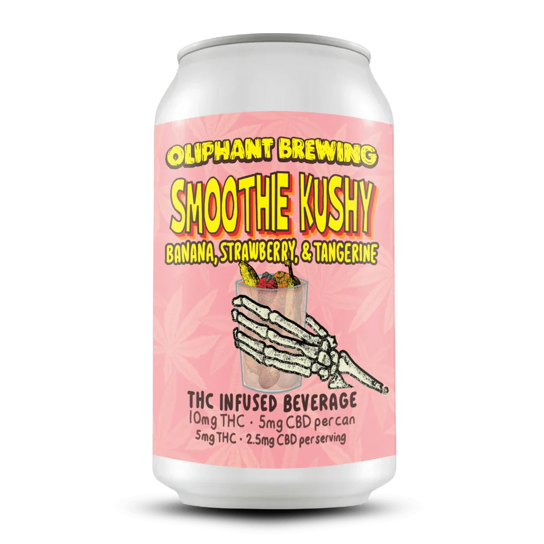 Oliphant Brewing Smoothie Kushy THC beverage can, banana strawberry tangerine flavor, pink label with skeleton hand and fruit illustration.