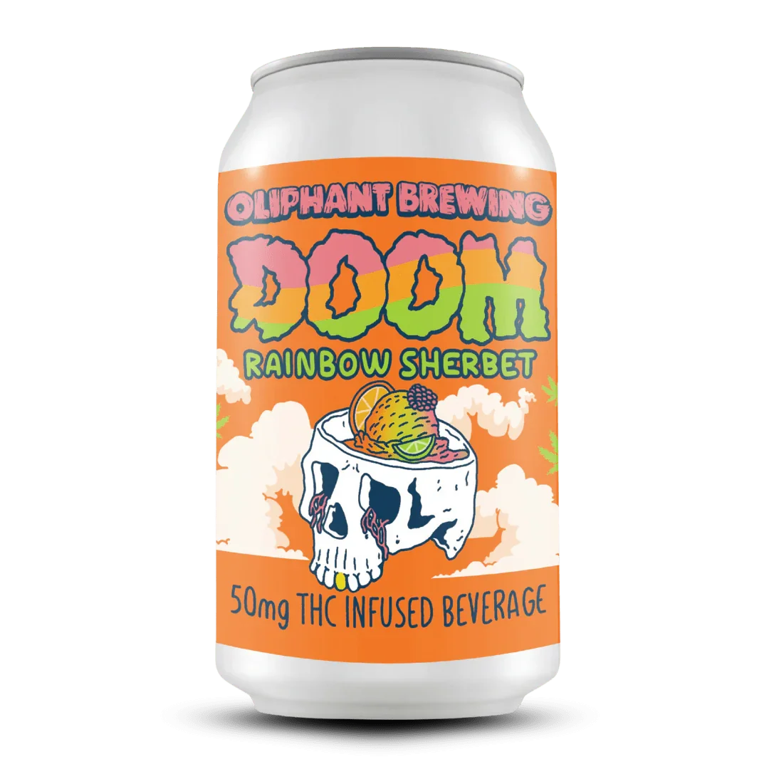 Oliphant Brewing Doom Rainbow Sherbet THC infused beverage can with skull and fruit art