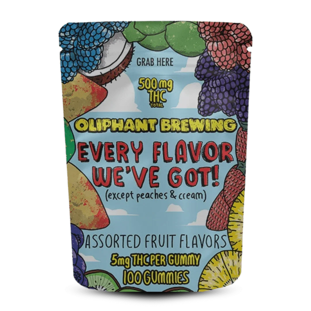 Oliphant Brewing assorted fruit THC gummies 500mg bag with colorful fruit illustrations