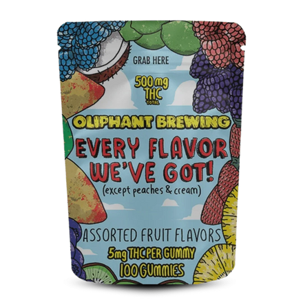 Oliphant Brewing assorted fruit THC gummies 500mg bag with colorful fruit illustrations