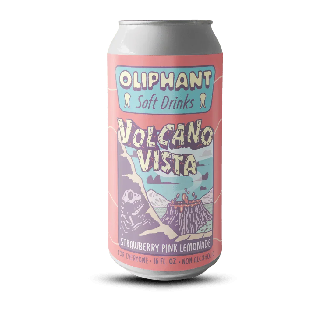 Oliphant Soft Drinks Volcano Vista strawberry pink lemonade can with volcano illustration