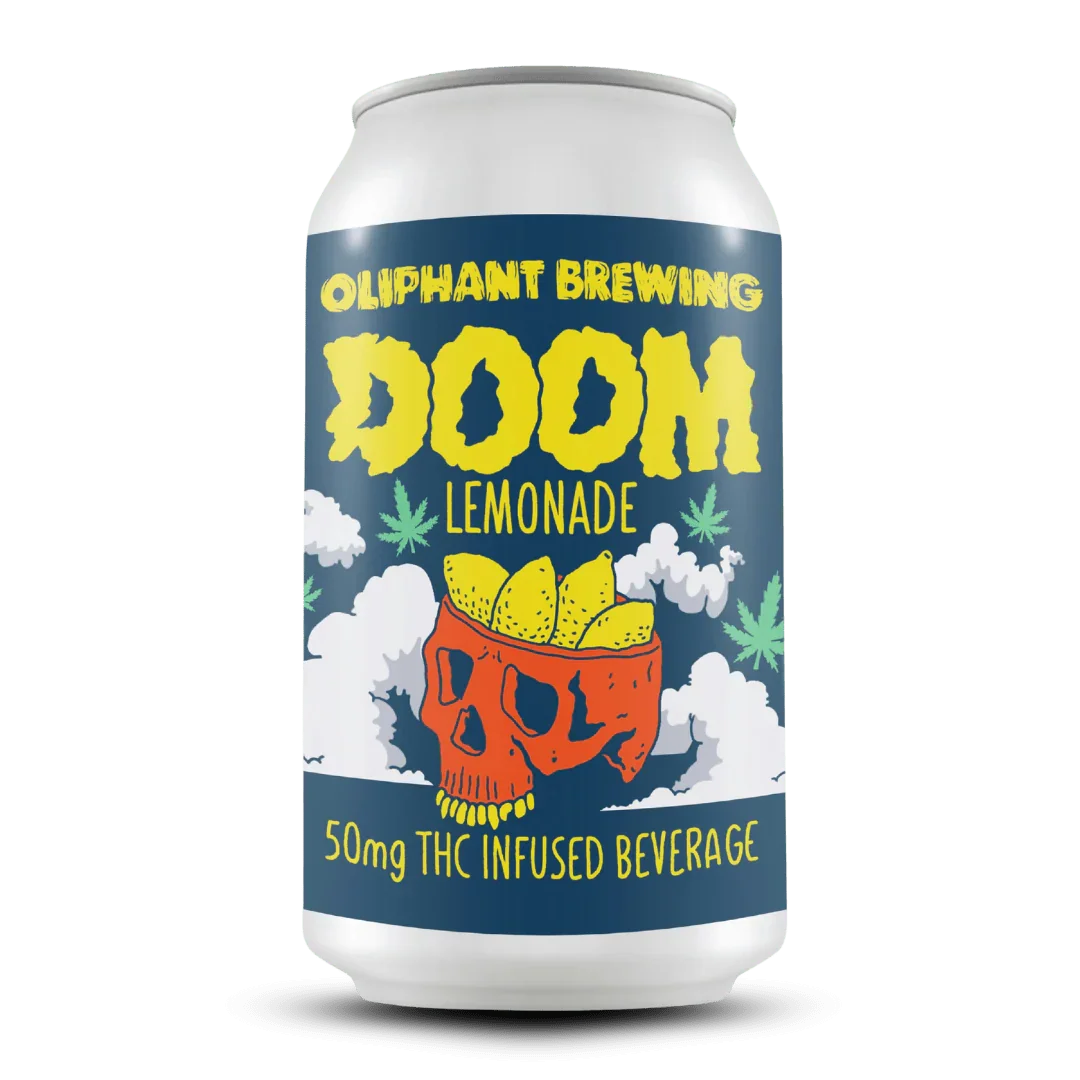 Oliphant Brewing DOOM Lemonade can, THC infused beverage, skull with lemons, cannabis leaves