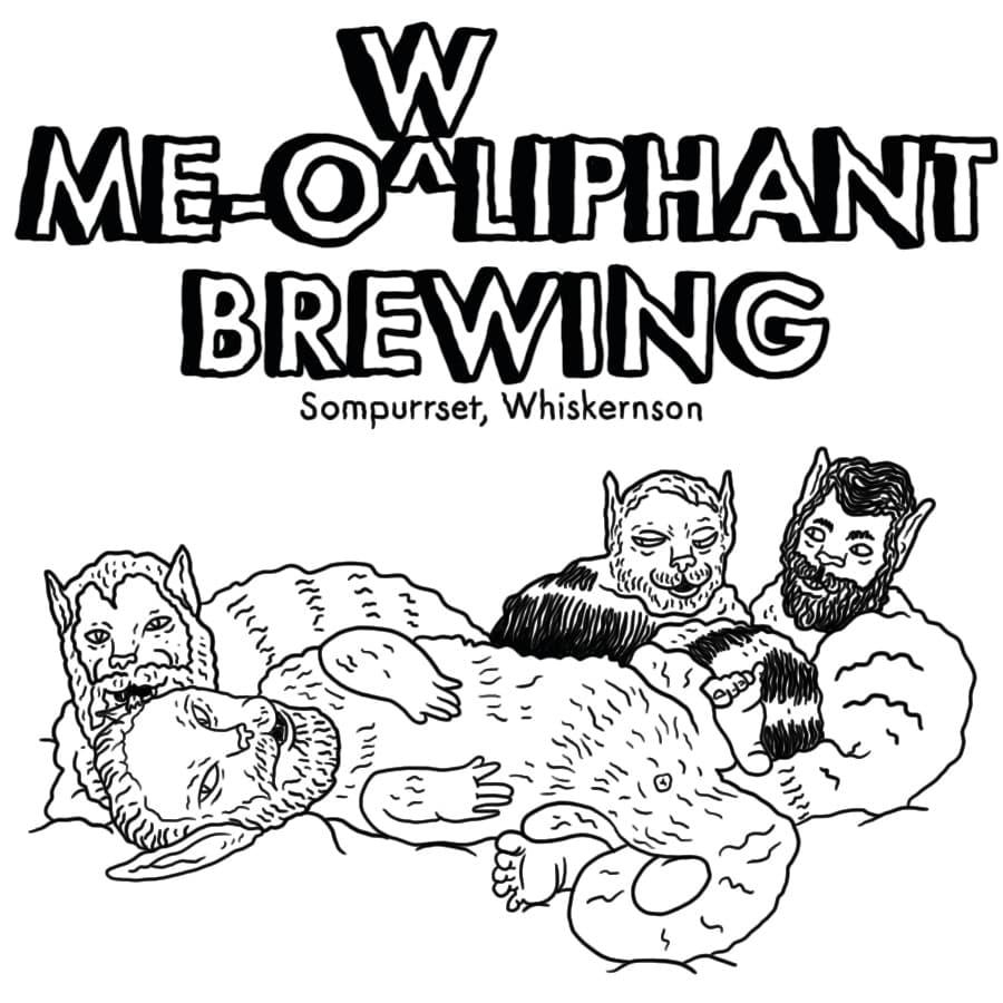 Meowliphant Brewing logo with illustrated cat-elephant hybrids and text Sompurrset, Whiskernson