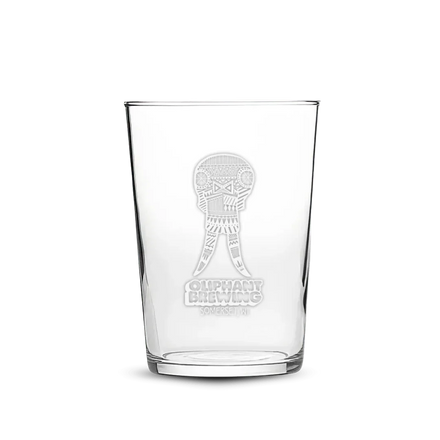 Oliphant Brewing pint glass with etched elephant logo and Somerset, WI text on clear glass