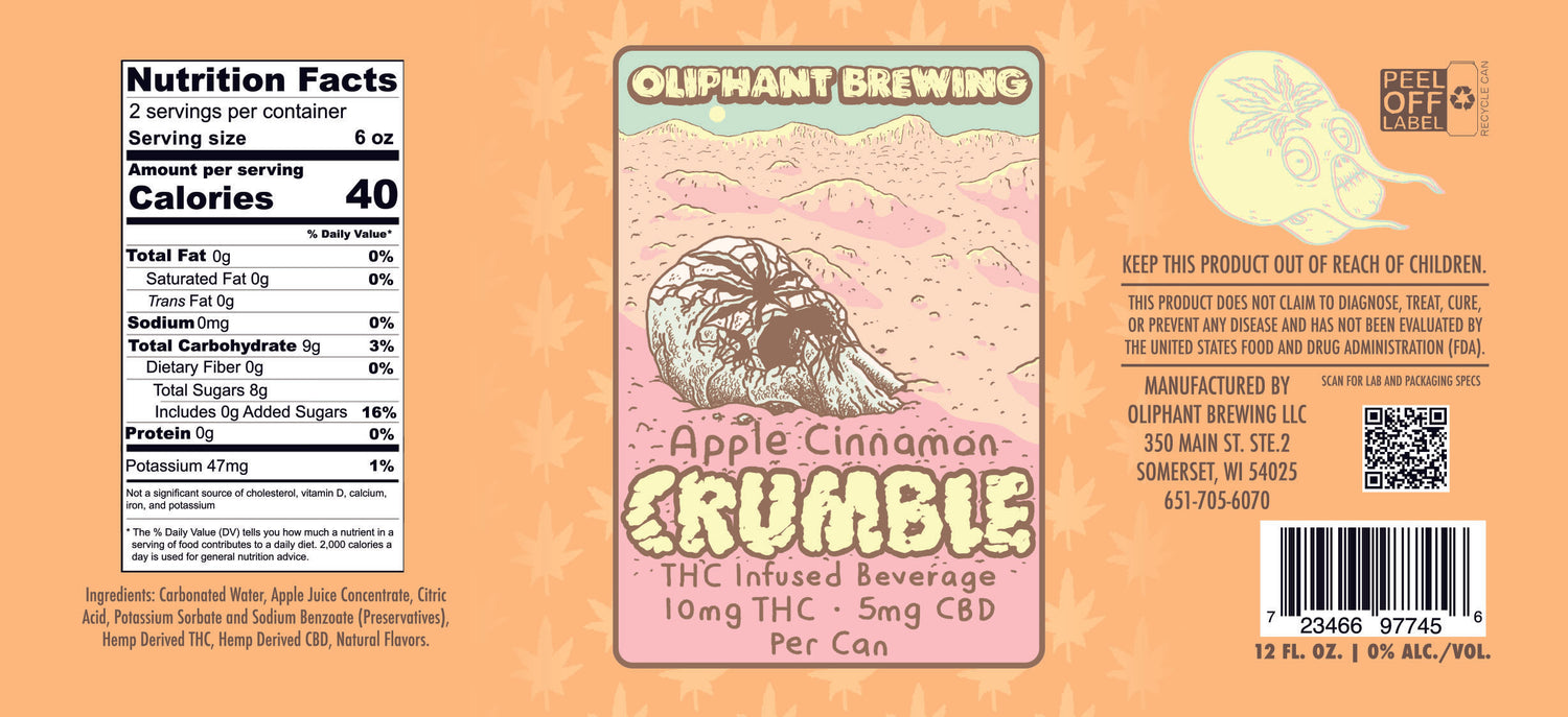 Oliphant Brewing Apple Cinnamon Crumble THC CBD infused beverage 12oz label, nutrition facts, cannabis leaf background, and can recycling info.
