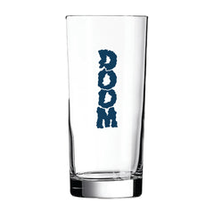 Clear 15oz arc cooler glass with bold blue DOOM text printed vertically on the side.