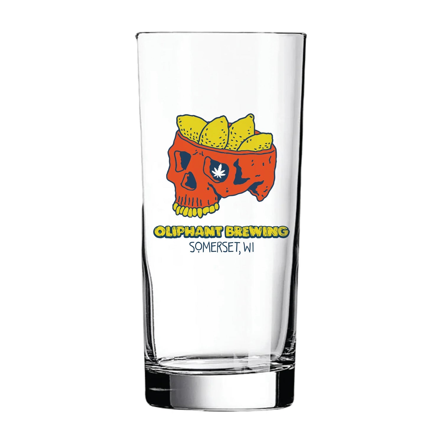Oliphant Brewing 15oz glass with red skull, yellow chips, and Somerset WI text