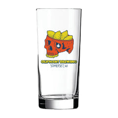 Oliphant Brewing 15oz glass with red skull, yellow chips, and Somerset WI text
