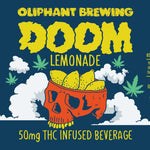 Doom Lemonade beverage label with red skull holding lemon slices, cannabis leaves, clouds, and nutrition facts.