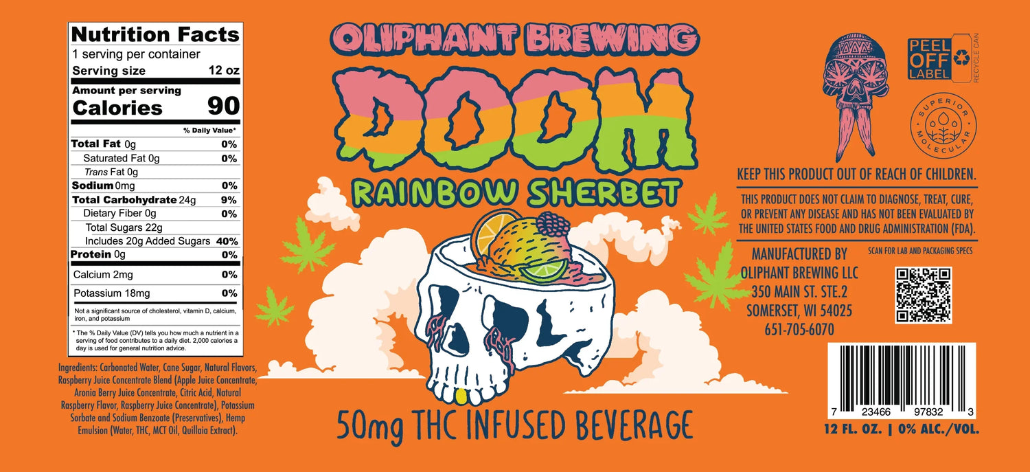 Oliphant Brewing Doom Rainbow Sherbet 50mg THC infused beverage label with skull, fruit, and cannabis leaves.