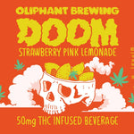 Doom Strawberry Pink Lemonade THC beverage label with skull, fruit, cannabis leaves and nutrition facts.