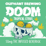 Oliphant Brewing Doom Tropical Citrus 50mg THC infused beverage label with skull and citrus art
