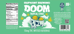 Oliphant Brewing Doom Tropical Citrus 50mg THC infused beverage label with skull and citrus art