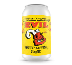 Oliphant Brewing Evil 12oz can, infused POG beverage with 25mg THC, yellow label, ram skull art