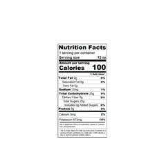 12oz beverage nutrition facts label showing 100 calories, 25g carbs, 672mg potassium per serving