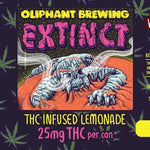 Oliphant Brewing Extinct THC infused lemonade 12oz label with colorful monster illustration