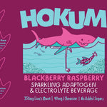 Hokum Blackberry Raspberry sparkling adaptogen electrolyte beverage can label with pink shark illustration and nutrition facts.