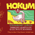 Hokum Strawberry Lemon sparkling adaptogen electrolyte beverage label with cartoon animal, nutrition facts, and Oliphant Brewing logo.