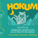 Hokum Tropical sparkling adaptogen electrolyte beverage can label with cartoon bat, nutrition facts, Oliphant Brewing branding, and supplement highlights.