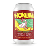 Hokum Strawberry Lemon sparkling adaptogen electrolyte beverage can with illustrated goose on beach.