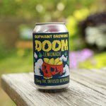 Oliphant Brewing DOOM Lemonade THC infused beverage can on wooden table outdoors