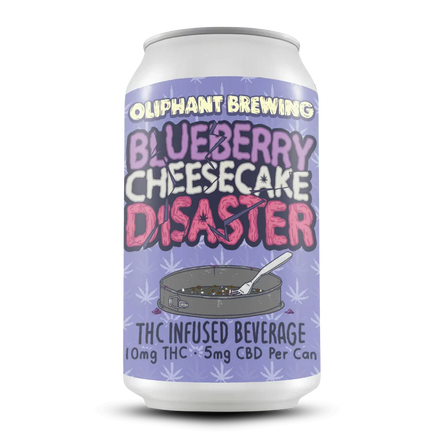 Oliphant Brewing Blueberry Cheesecake Disaster THC infused beverage can with purple graphics