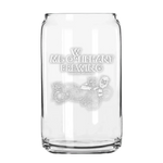 Oliphant Brewing clear beer glass with logo and illustrated characters on front