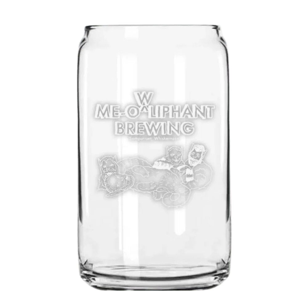 Oliphant Brewing clear beer glass with logo and illustrated characters on front