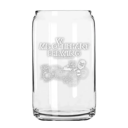 Oliphant Brewing clear beer glass with logo and illustrated characters on front