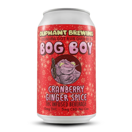 Oliphant Brewing Bog Boy cranberry ginger spice THC CBD beverage can with festive red label