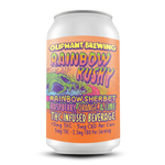 Oliphant Brewing Rainbow Kushy can, THC-infused beverage, rainbow sherbet flavor, colorful label