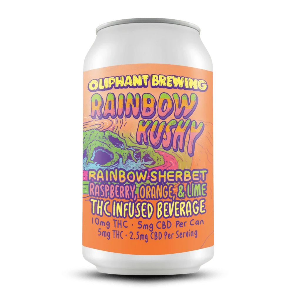 Oliphant Brewing Rainbow Kushy can, THC-infused beverage, rainbow sherbet flavor, colorful label