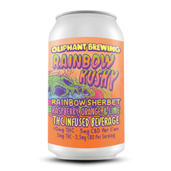 Oliphant Brewing Rainbow Kushy can, THC-infused beverage, rainbow sherbet flavor, colorful label