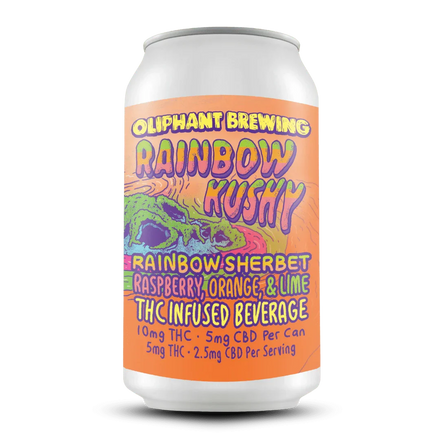 Oliphant Brewing Rainbow Kushy can, THC-infused beverage, rainbow sherbet flavor, colorful label