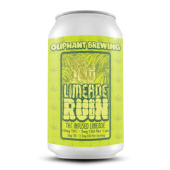 Oliphant Brewing Limeade Ruin THC infused limeade can with yellow label and cannabis leaf pattern