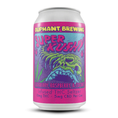 Oliphant Brewing Super Kushy THC seltzer can with colorful monster art and berry flavors
