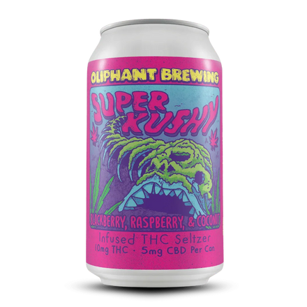 Oliphant Brewing Super Kushy THC seltzer can with colorful monster art and berry flavors