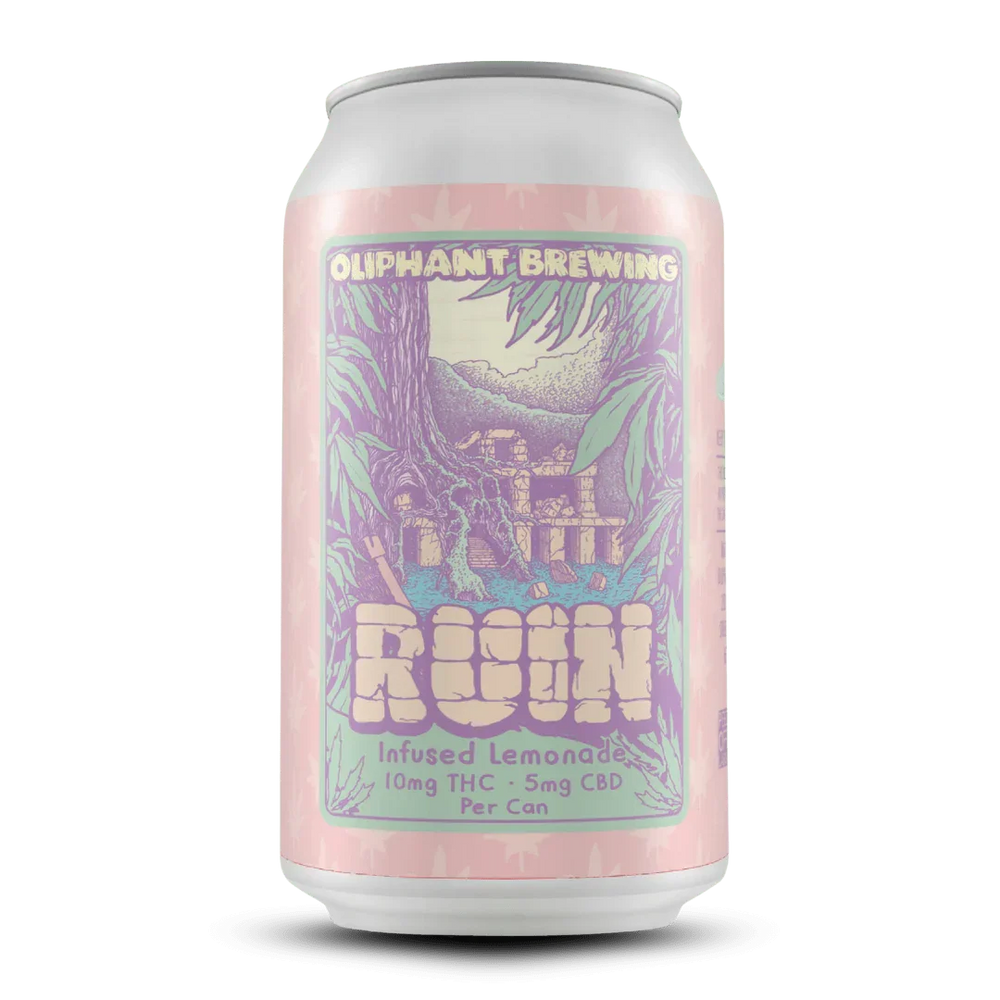 Oliphant Brewing Ruin infused lemonade can with illustrated ruins, 10mg THC, 5mg CBD label