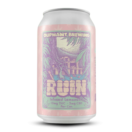 Oliphant Brewing Ruin infused lemonade can with illustrated ruins, 10mg THC, 5mg CBD label
