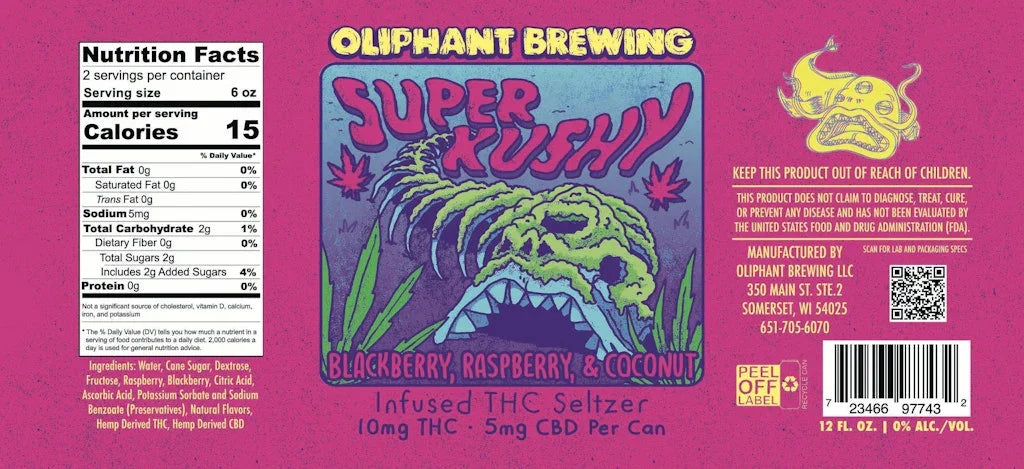 Oliphant Brewing Super Kushy THC seltzer label with zombie art, blackberry, raspberry, coconut flavors.