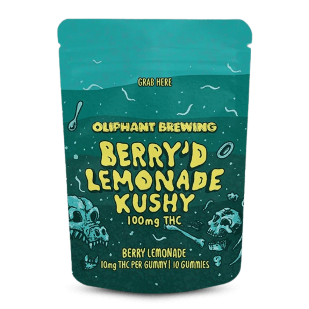 Oliphant Brewing Berry'd Lemonade Kushy 100mg THC gummies pouch, berry lemonade flavor