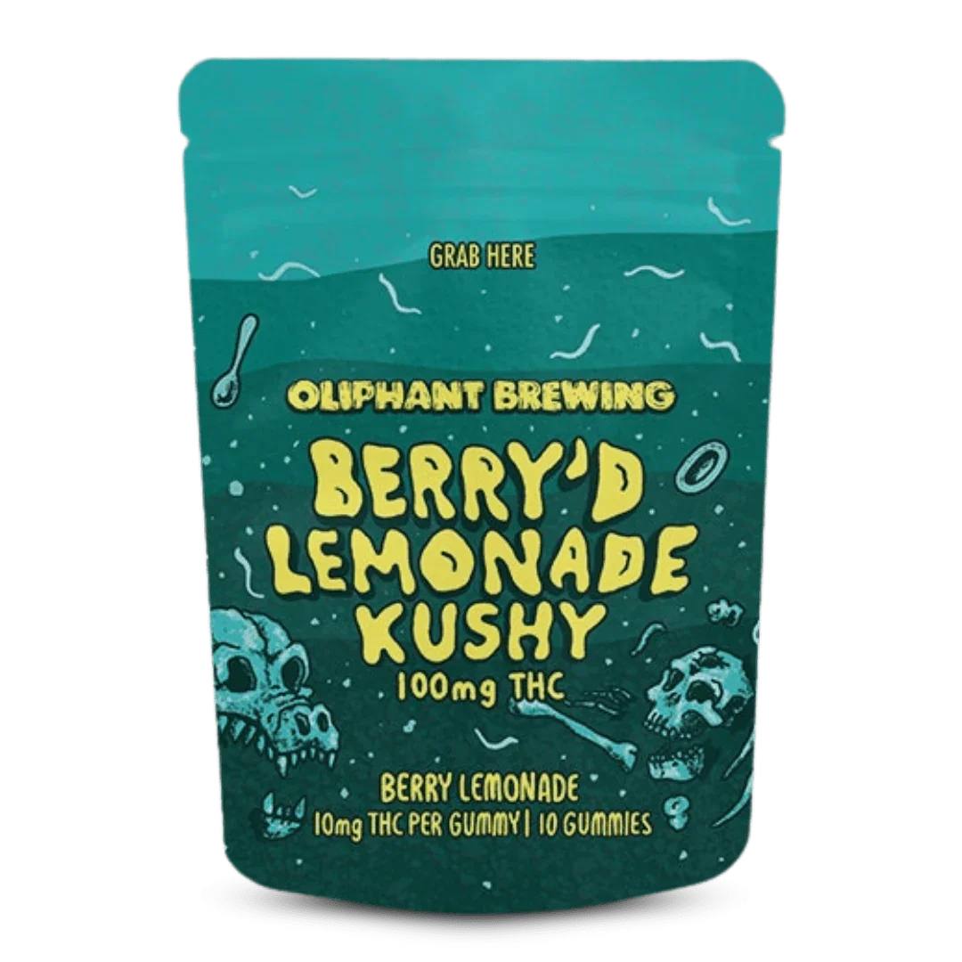 Oliphant Brewing Berry'd Lemonade Kushy 100mg THC gummies pouch, berry lemonade flavor