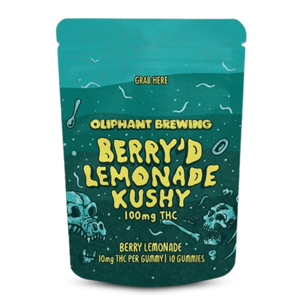 Oliphant Brewing Berry'd Lemonade Kushy 100mg THC gummies pouch, berry lemonade flavor