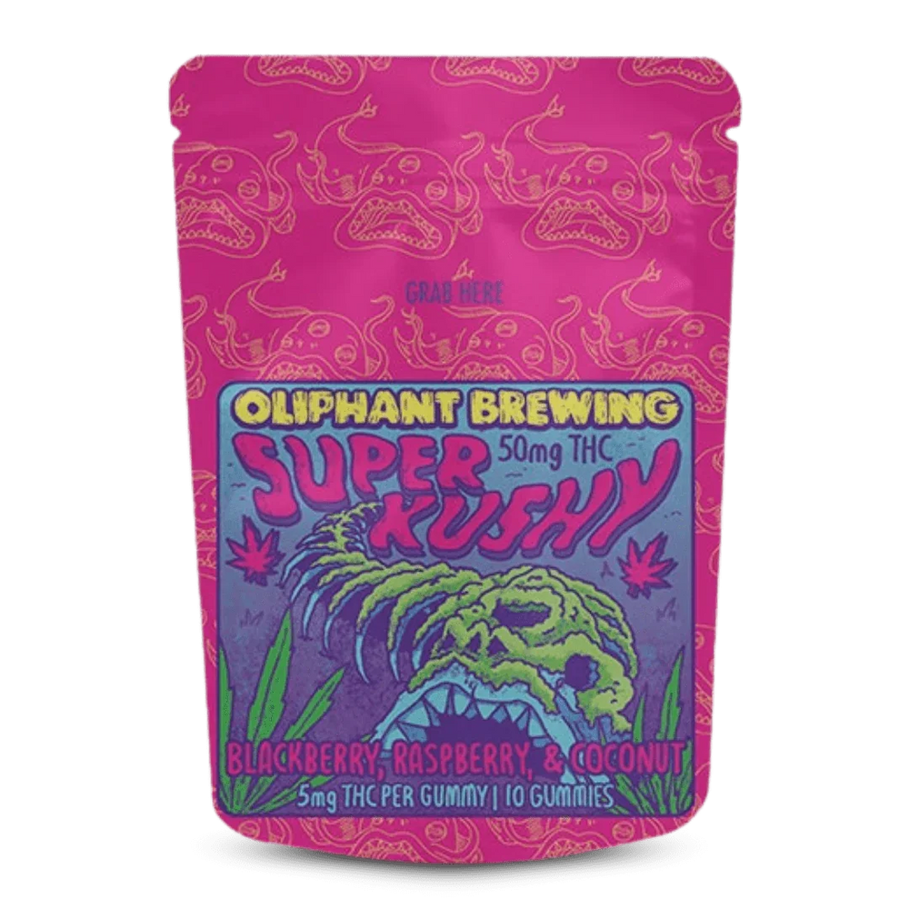 Oliphant Brewing Super Kushy THC gummies bag, bright pink with skull design, fruit flavors