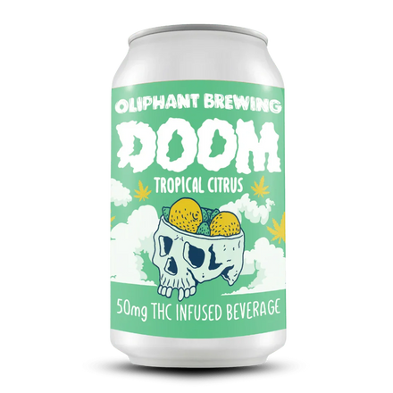 Oliphant Brewing DOOM Tropical Citrus THC infused beverage can with skull and fruit design