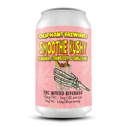 Oliphant Brewing Smoothie Kushy THC beverage can, banana strawberry tangerine flavor, pink label with skeleton hand and fruit illustration.